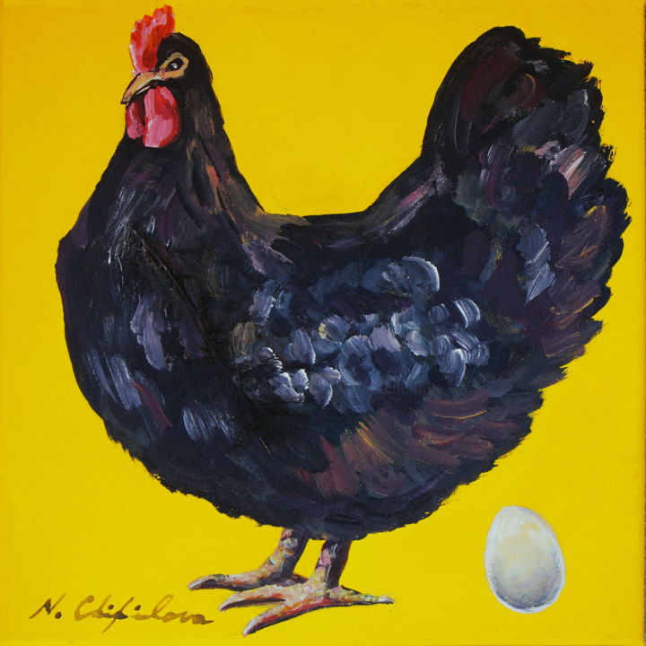 Painting titled "Poule noire sur fon…" by Atelier N N . Art Store By Nat, Original Artwork, Acrylic