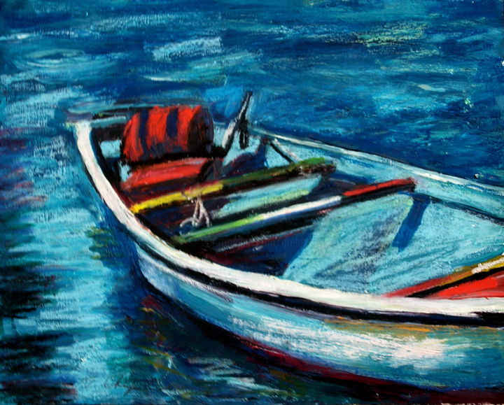 Peinture intitulée "Barque de pêche" par Atelier N N . Art Store By Nat, Œuvre d'art originale, Huile