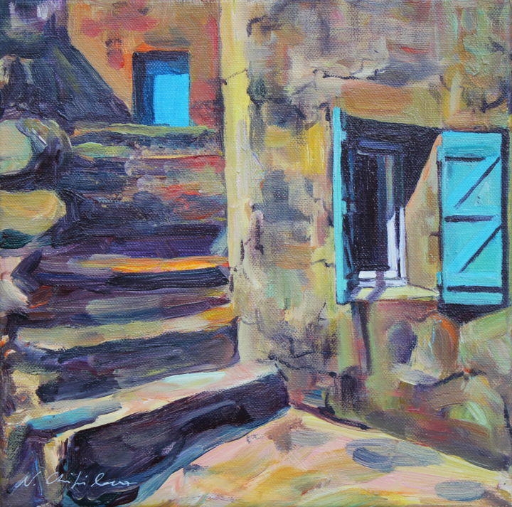 Painting titled "Au village, volets…" by Atelier N N . Art Store By Nat, Original Artwork, Acrylic