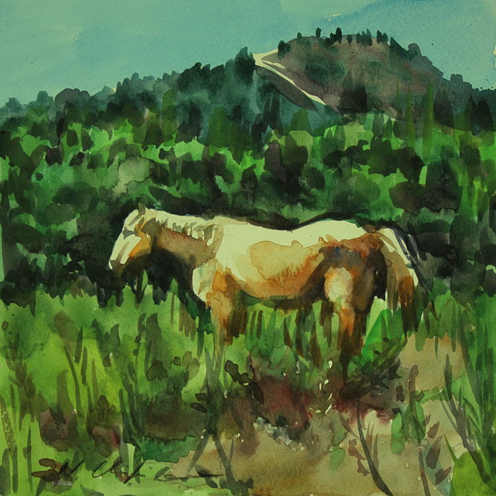 Painting titled "Cheval au pré" by Atelier N N . Art Store By Nat, Original Artwork, Watercolor