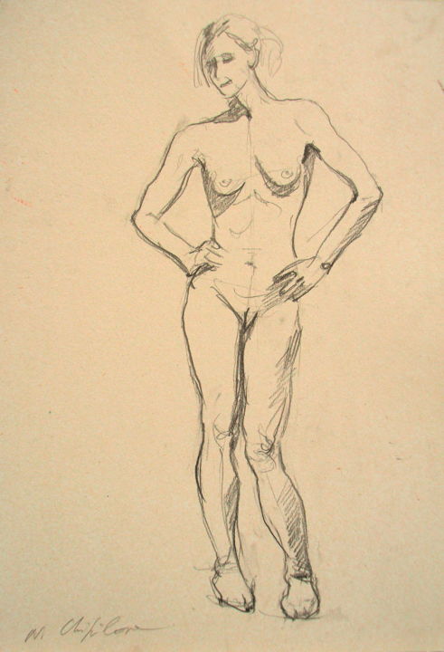 Disegno intitolato "Jeune fille nue deb…" da Nathalia Chipilova, Opera d'arte originale, Grafite