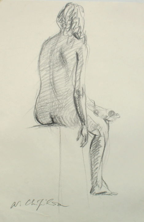 Dessin intitulée "Etude, nu assis 1" par Atelier N N . Art Store By Nat, Œuvre d'art originale, Crayon