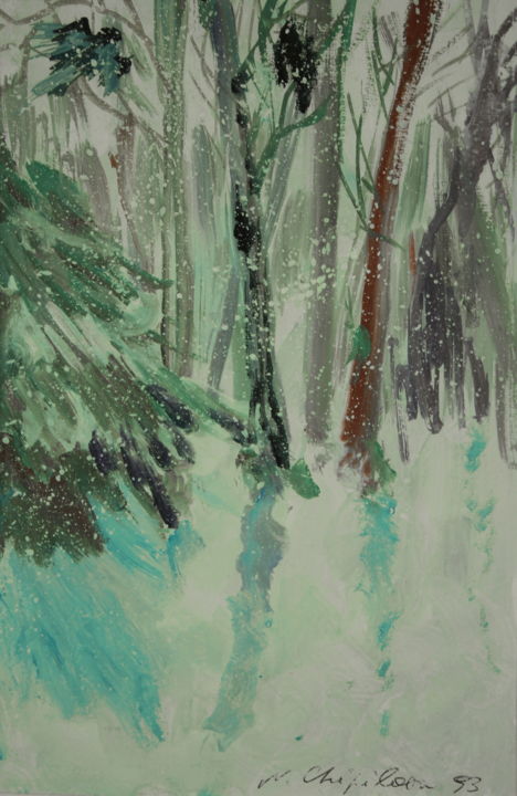 Pintura titulada "L'Hiver, forêt." por Atelier N N . Art Store By Nat, Obra de arte original, Gouache