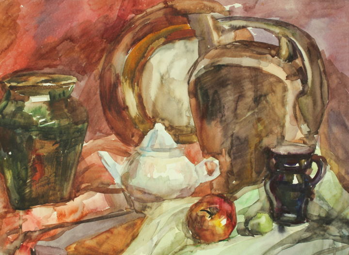 Painting titled "Nature morte à la t…" by Atelier N N . Art Store By Nat, Original Artwork, Watercolor