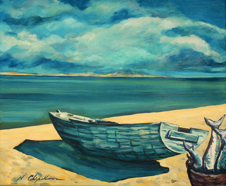 Peinture intitulée "Barque de pêche 1,…" par Atelier N N . Art Store By Nat, Œuvre d'art originale, Acrylique