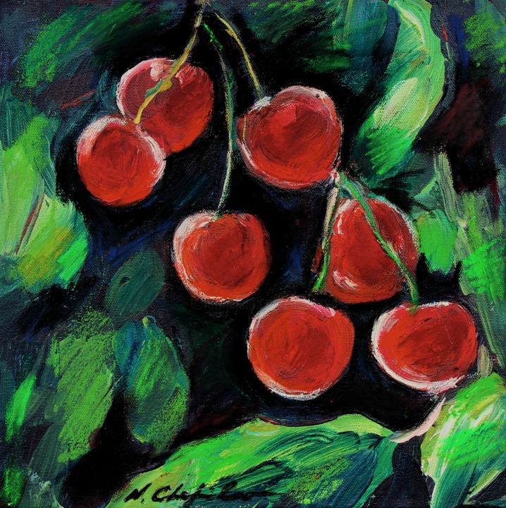 Schilderij getiteld "Cerises 1, 30x30cm" door Atelier N N . Art Store By Nat, Origineel Kunstwerk, Acryl