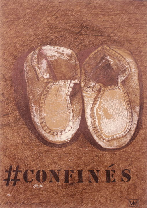 Disegno intitolato "#Confinés, 35x50cm" da Atelier N N . Art Store By Nat, Opera d'arte originale, Biro