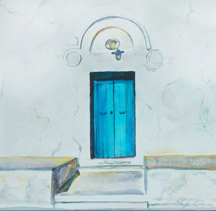 Painting titled "Porte Bleue, 32x32cm" by Atelier N N . Art Store By Nat, Original Artwork, Watercolor