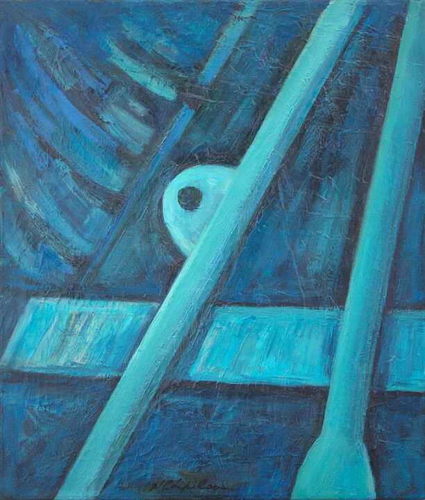 Peinture intitulée "Old Blue Boat" par Atelier N N . Art Store By Nat, Œuvre d'art originale, Huile