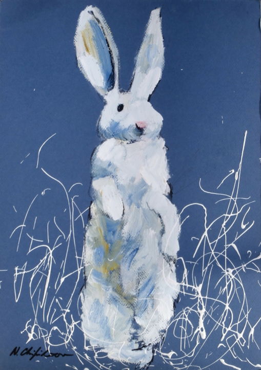 Peinture intitulée "Lapin blanc" par Atelier N N . Art Store By Nat, Œuvre d'art originale, Huile