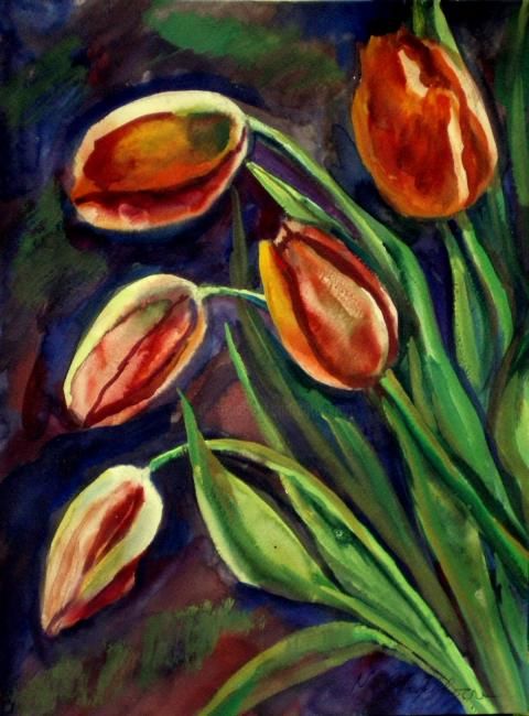 Painting titled "Tulipes rouges" by Atelier N N . Art Store By Nat, Original Artwork, Watercolor