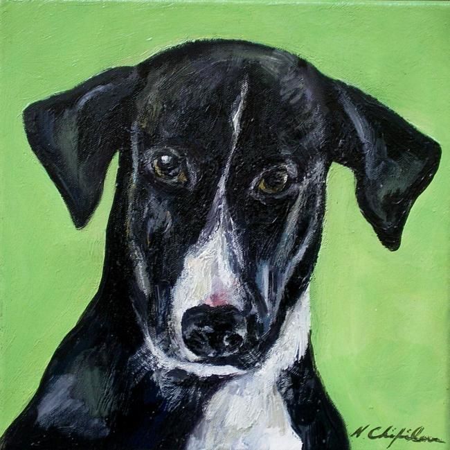 Malerei mit dem Titel "Tête de chien noir" von Atelier N N . Art Store By Nat, Original-Kunstwerk, Acryl