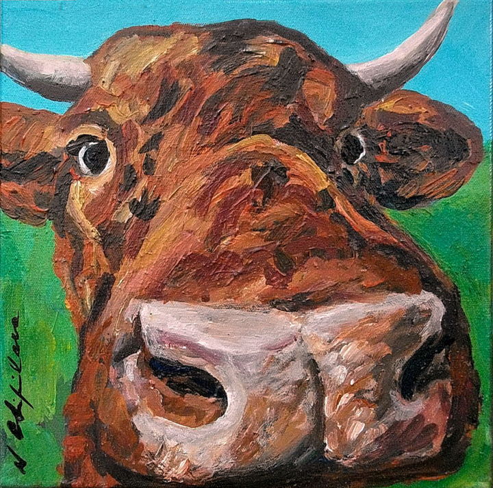 Painting titled "Tête de vache rouss…" by Nathalia Chipilova, Original Artwork, Acrylic Mounted on Wood Stretcher frame