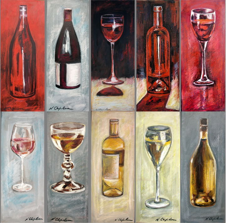 Painting titled "Verres et bouteille…" by Atelier N N . Art Store By Nat, Original Artwork, Acrylic