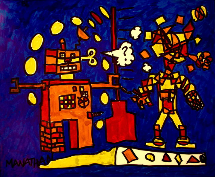 Disegno intitolato "Génération robots" da Atelier N N . Art Store By Nat, Opera d'arte originale, Pennarello