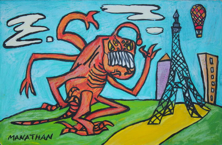 Dessin intitulée "Monstre à Paris" par Atelier N N . Art Store By Nat, Œuvre d'art originale, Acrylique