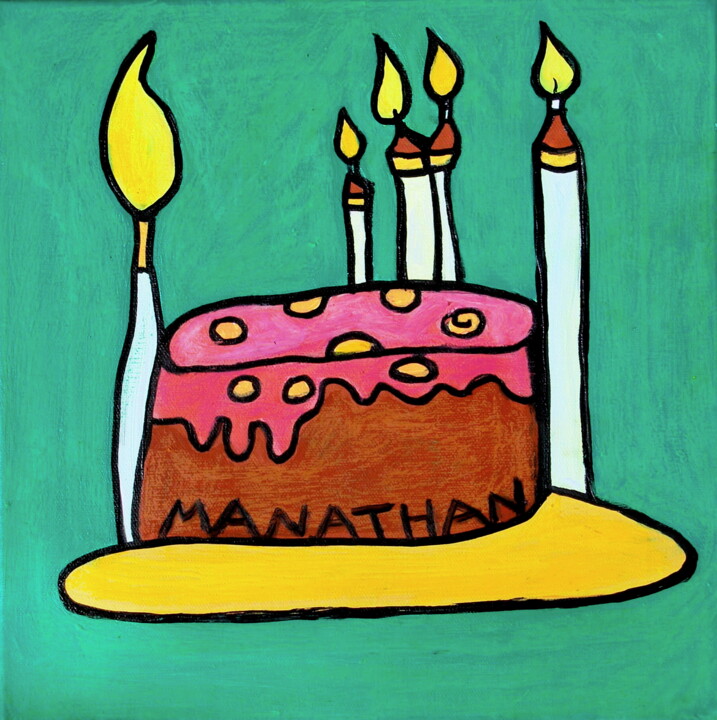 Painting titled "Happy Birthday Cake" by Nathalia Chipilova, Original Artwork, Acrylic Mounted on Wood Stretcher frame