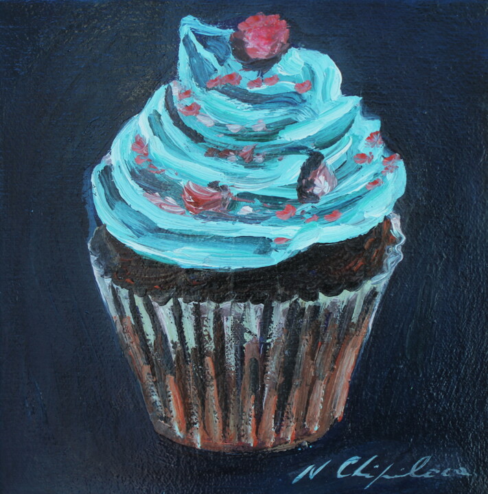 Painting titled "Blue Cupcake" by Atelier N N . Art Store By Nat, Original Artwork, Acrylic Mounted on Wood Stretcher frame