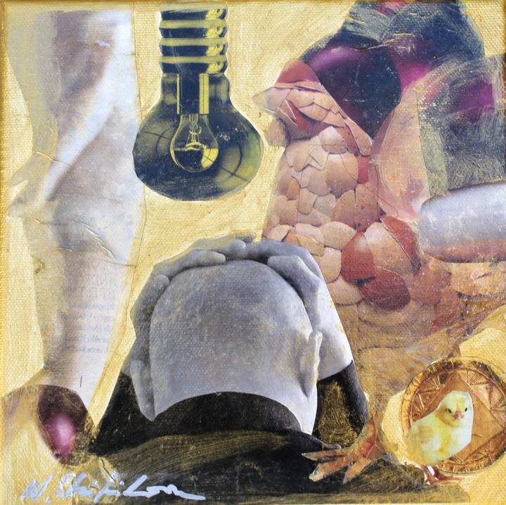 Collages intitolato "L’œuf ou la poule?" da Atelier N N . Art Store By Nat, Opera d'arte originale, Ritagli