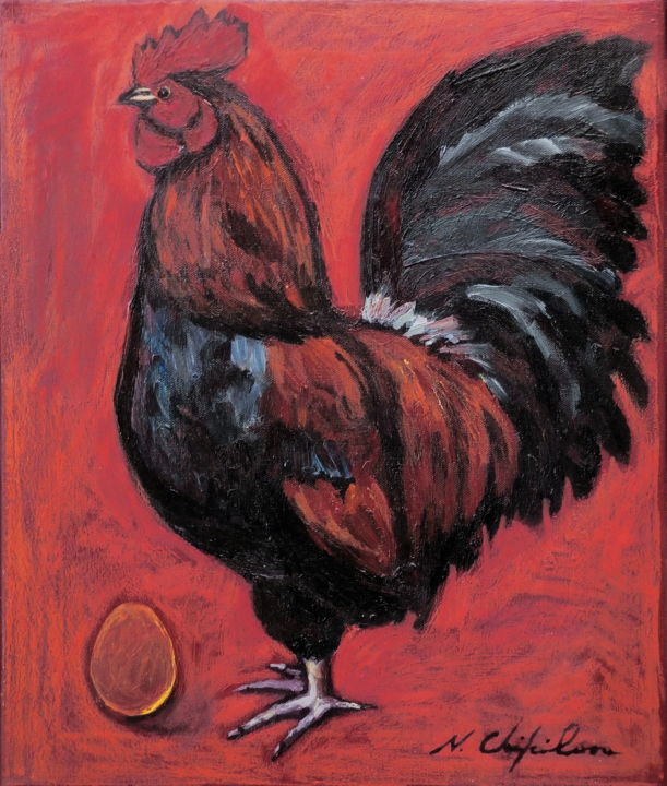 Peinture intitulée "Coq et l’œuf d'or" par Atelier N N . Art Store By Nat, Œuvre d'art originale, Acrylique