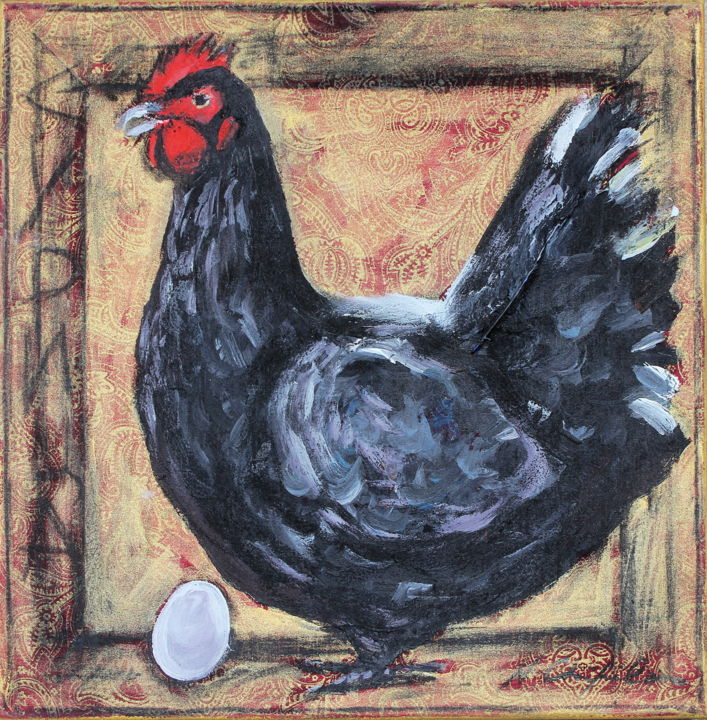 Schilderij getiteld "Poule noire" door Atelier N N . Art Store By Nat, Origineel Kunstwerk, Acryl