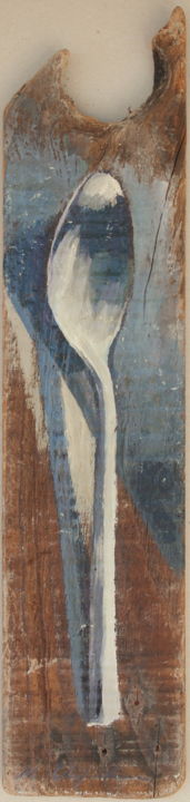 Schilderij getiteld "Big spoon on wood" door Atelier N N . Art Store By Nat, Origineel Kunstwerk, Olie