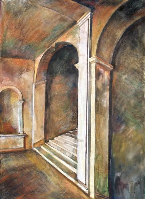 Painting titled "Escaliers" by Atelier N N . Art Store By Nat, Original Artwork, Watercolor