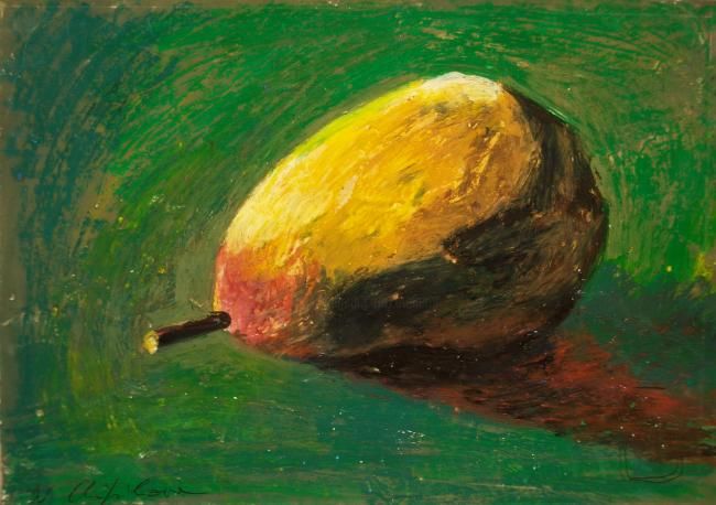 Peinture intitulée "Poire jaune, fond v…" par Atelier N N . Art Store By Nat, Œuvre d'art originale, Gouache