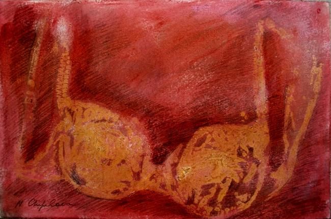 Painting titled "Gold Bra on Red" by Atelier N N . Art Store By Nat, Original Artwork, Oil