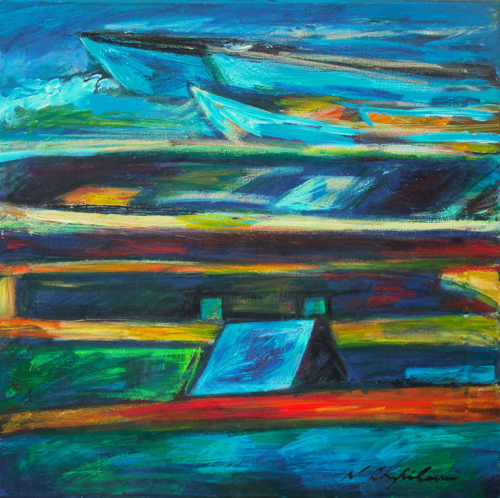 Peinture intitulée "Barques sur la plage" par Atelier N N . Art Store By Nat, Œuvre d'art originale, Acrylique Monté sur Châ…