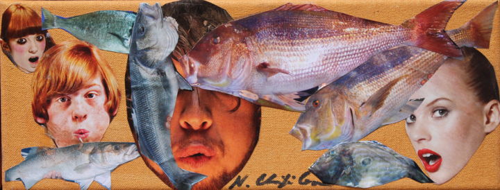Collages intitulée "Mens fishing" par Atelier N N . Art Store By Nat, Œuvre d'art originale, Découpages