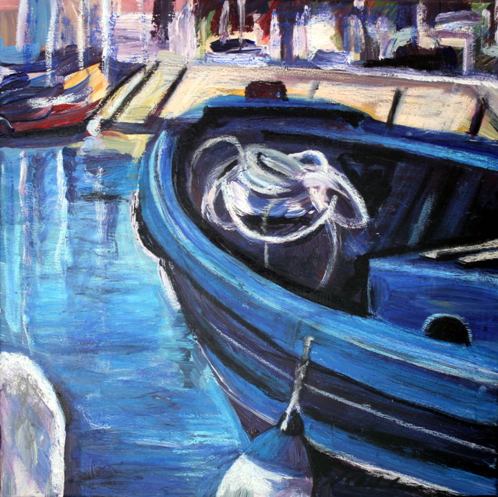 Painting titled "Barque bleue au por…" by Atelier N N . Art Store By Nat, Original Artwork, Acrylic