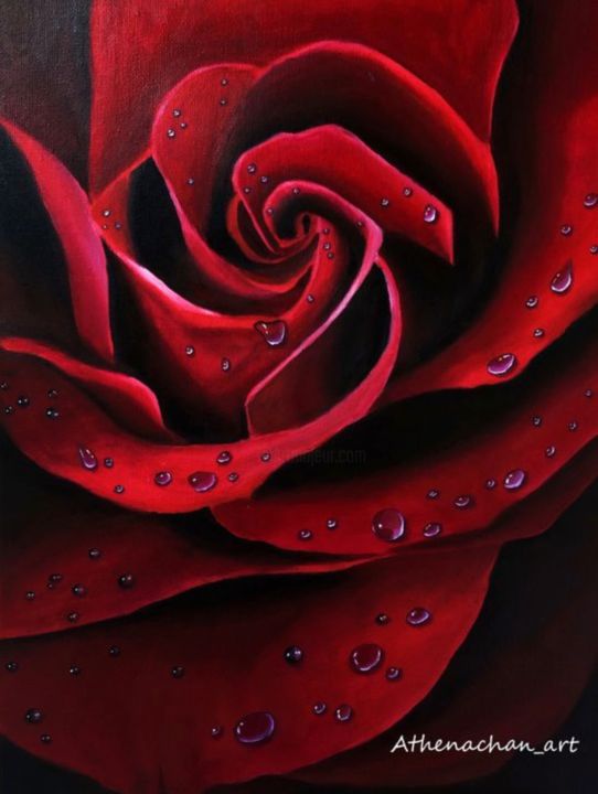 Painting titled "Red rose" by Athena Chan, Original Artwork, Oil