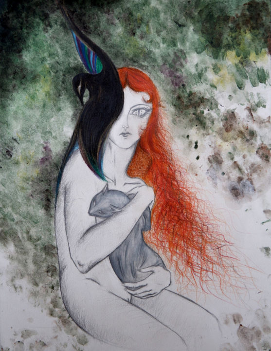 Painting titled "Femme avec chat" by Athénaïs Wall, Original Artwork