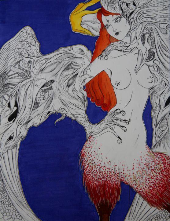 Drawing titled "Chimera" by Athénaïs Wall, Original Artwork, Marker