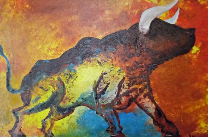 Painting titled "Raging bull" by Atignas Art, Original Artwork, Oil