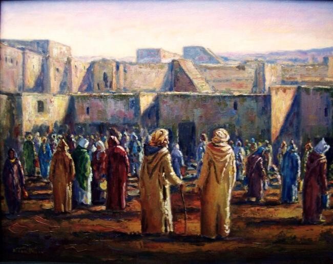 Pittura intitolato "souk a" da Atlas Alaoui Hassan, Opera d'arte originale