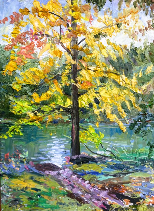 Painting titled "Yellow tree" by Ara Avetisyan, Original Artwork, Oil Mounted on Cardboard