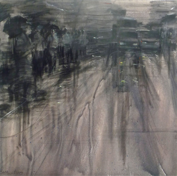 Painting titled "Walking in the Rain…" by Attasit Pokpong, Original Artwork, Oil