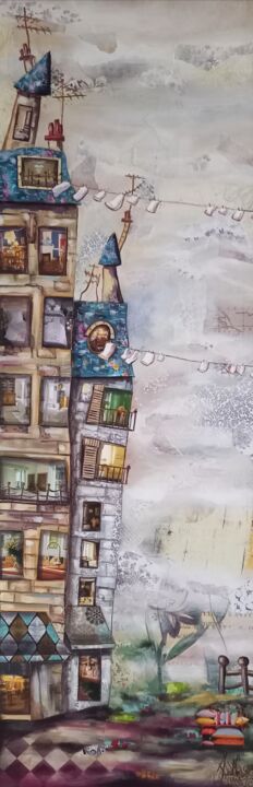 Картина под названием "Le village" - Aude Charrière, Подлинное произведение искусства, Коллажи