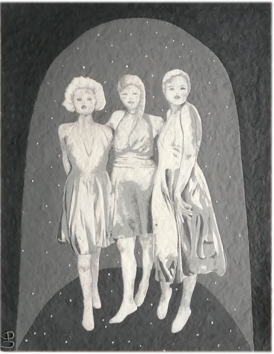 Painting titled "Trois petites fées" by Audrey Mouchet, Original Artwork, Polymer clay