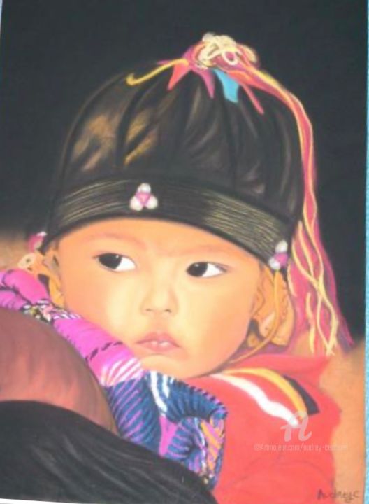 Malerei mit dem Titel "Enfant Lizu" von Mzelle Cecca Artwork, Original-Kunstwerk, Pastell