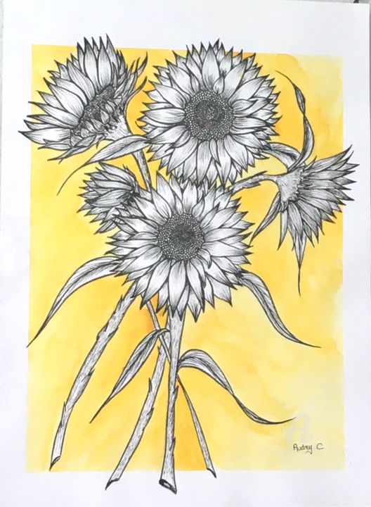 Dessin intitulée "Tournesols" par Mzelle Cecca Artwork, Œuvre d'art originale, Marqueur