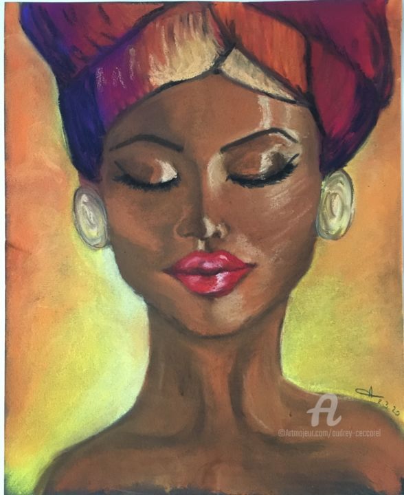 Dibujo titulada "Femme africaine coi…" por Mzelle Cecca Artwork, Obra de arte original, Pastel