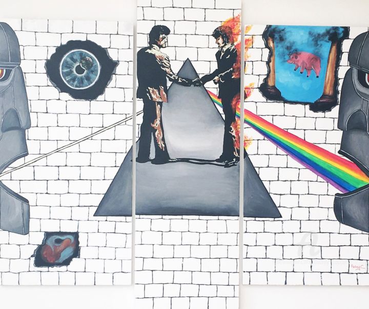 Peinture intitulée "Triptyque Pink Floyd" par Mzelle Cecca Artwork, Œuvre d'art originale, Acrylique