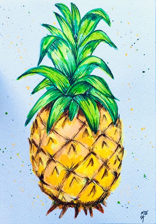 Dessin intitulée "Ananas" par Mzelle Cecca Artwork, Œuvre d'art originale, Aquarelle