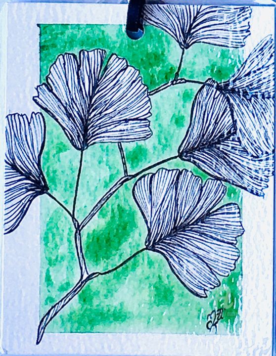 Drawing titled "Marque page Ginkgo…" by Mzelle Cecca Artwork, Original Artwork, Ink