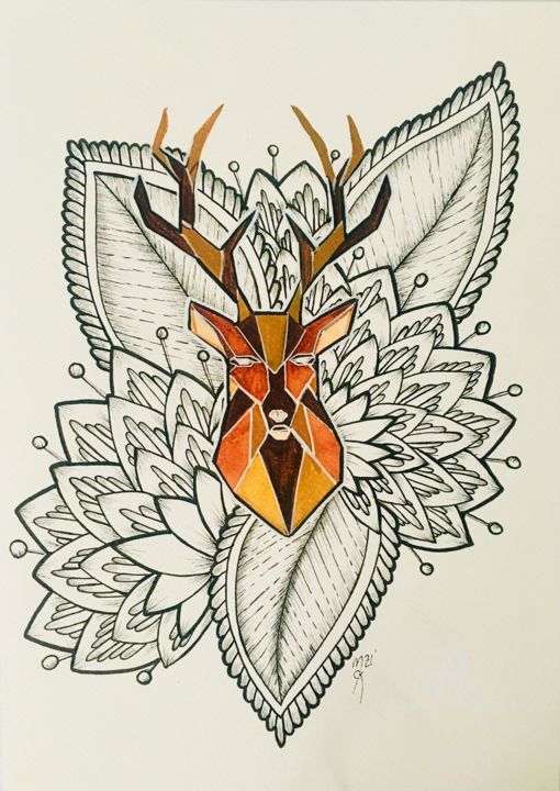 Drawing titled "Cerf origami" by Mzelle Cecca Artwork, Original Artwork, Ink