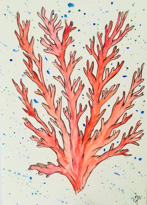 Drawing titled "Corail" by Mzelle Cecca Artwork, Original Artwork, Watercolor
