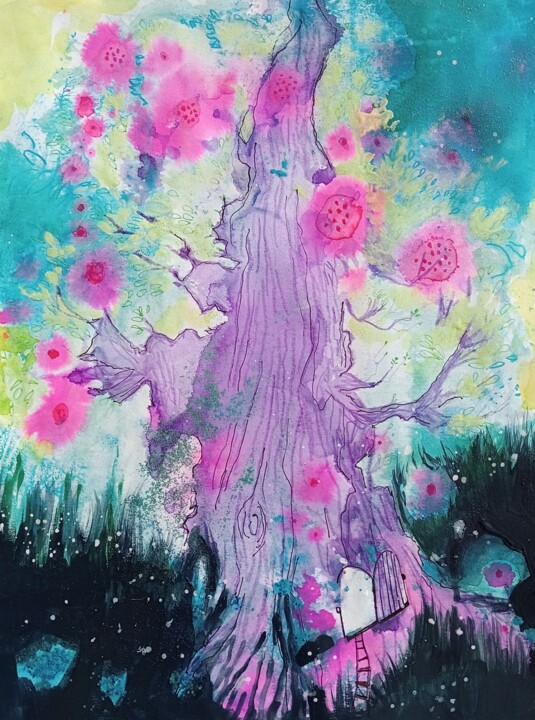 Painting titled "L'arbre à fleurs" by Audrey Denis, Original Artwork, Acrylic